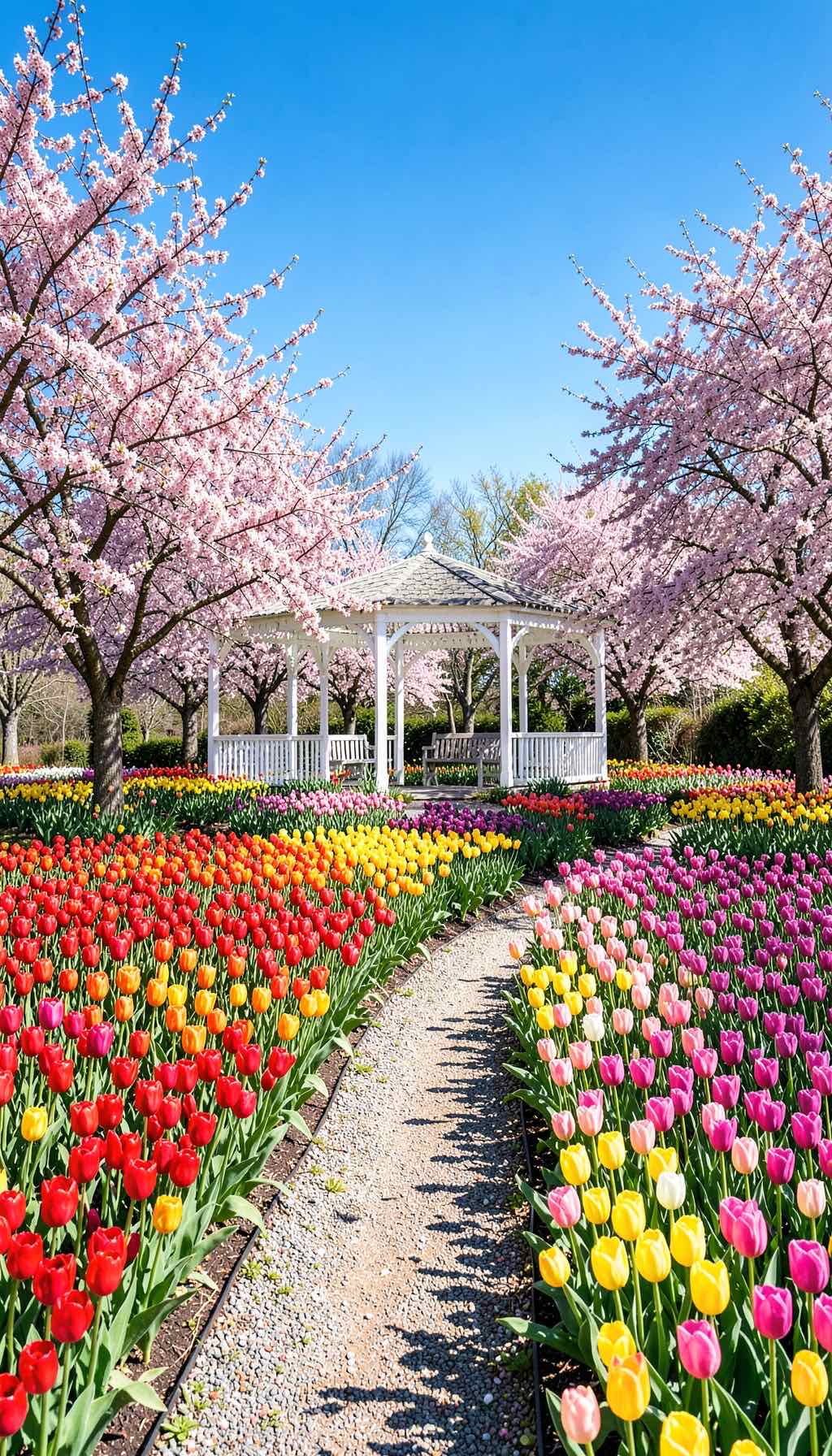 満開の桜、チューリップの花壇、白いガゼボのある春の庭